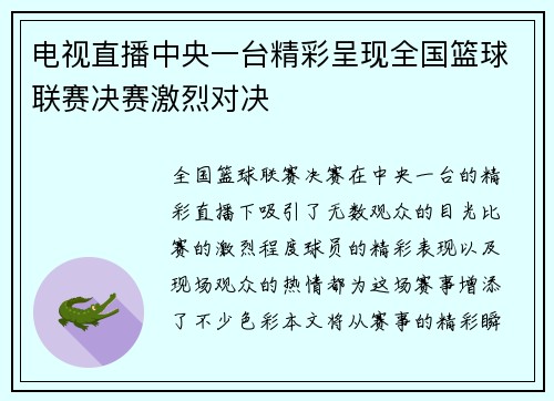 电视直播中央一台精彩呈现全国篮球联赛决赛激烈对决